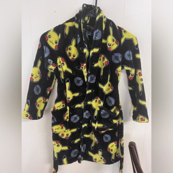 Pokemon Pikachu Kids Black Plush Tie Front Robe Sz 8 - Picture 2 of 6